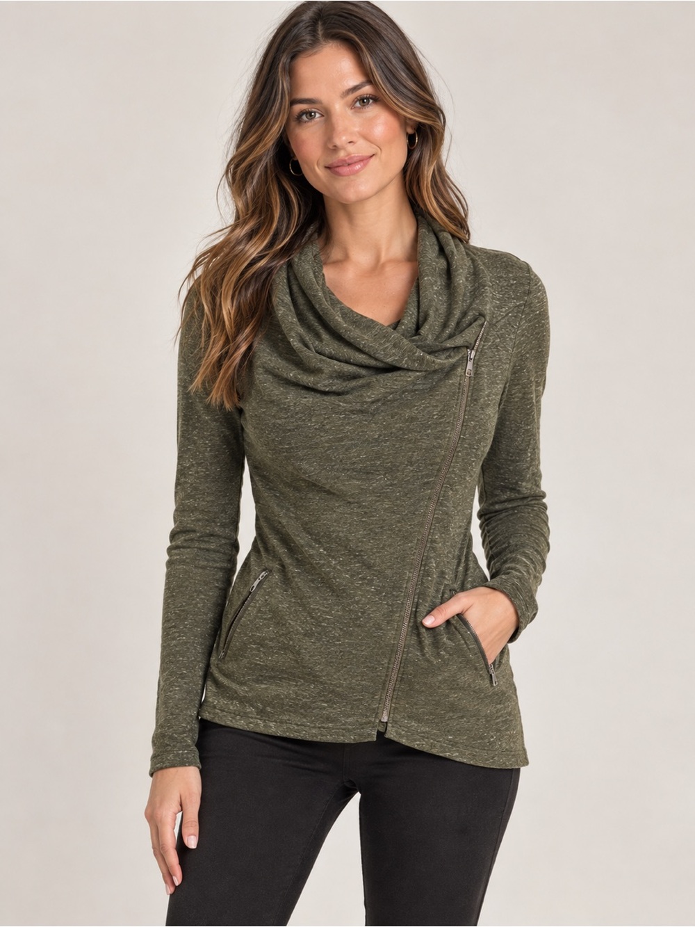 Forever21 Asymmetrical Zip Sweater Olive Green Medium Shacket